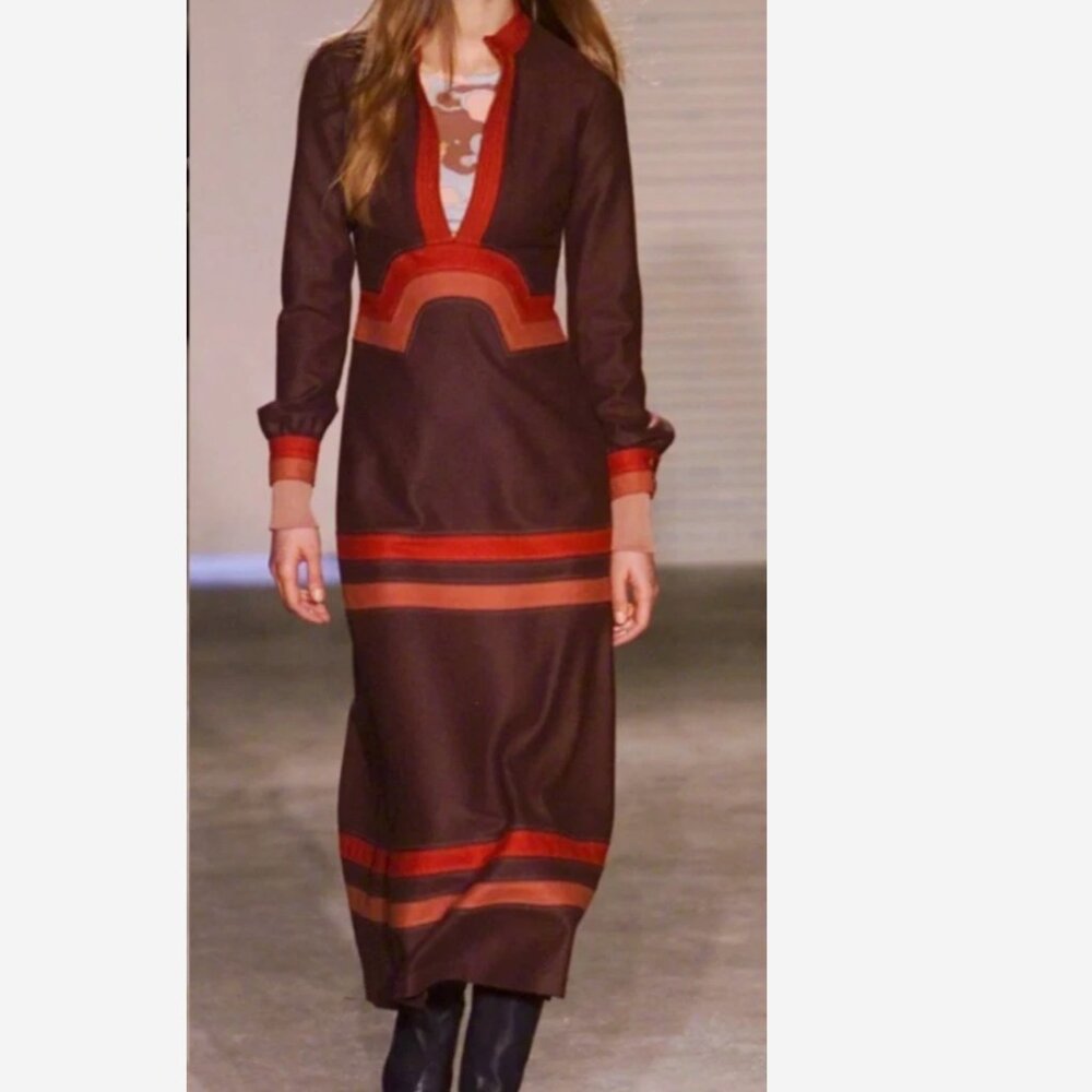 2002 Vintage Marc Jacobs Runway Colorblock Retro 70's Wool Long Plunge Dress
